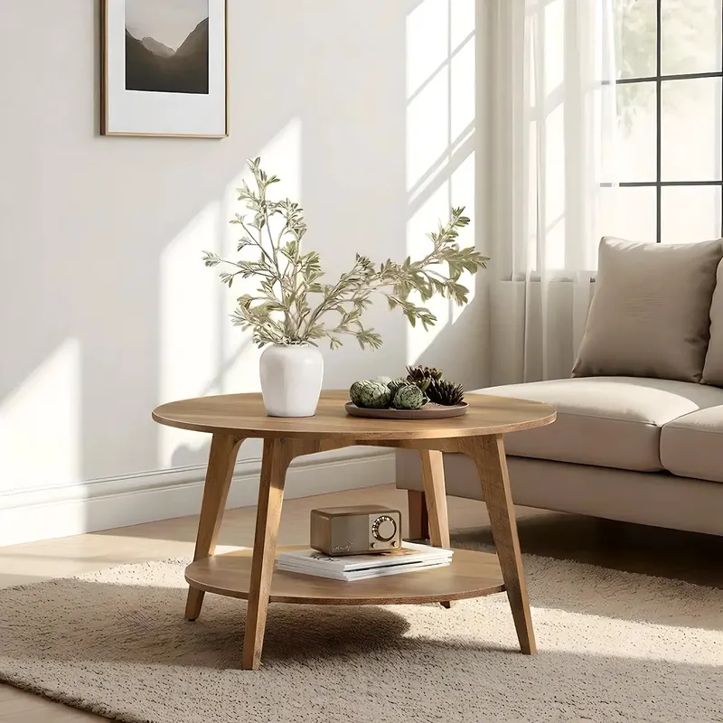 Round Wooden Coffee Table 2 Tier Minimalist