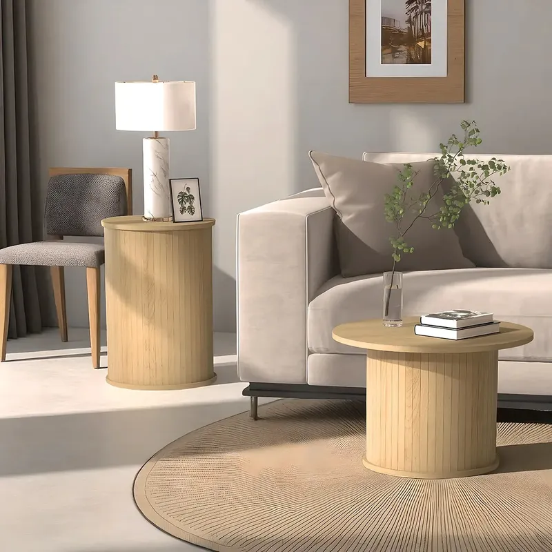 Round Coffee Table Set Natural Wood