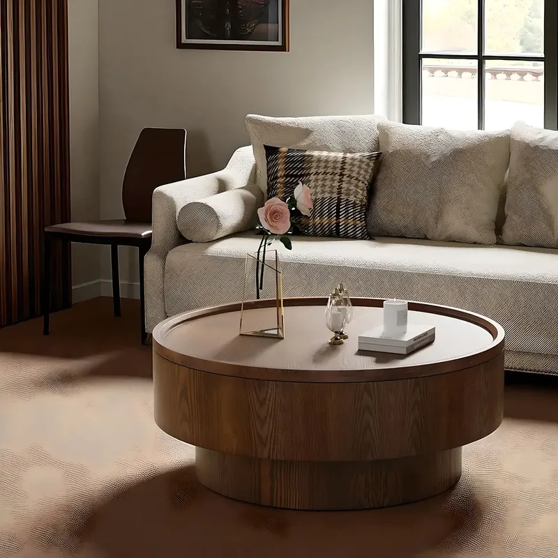 Round Coffee Table with Hidden Storage Natural Wood
